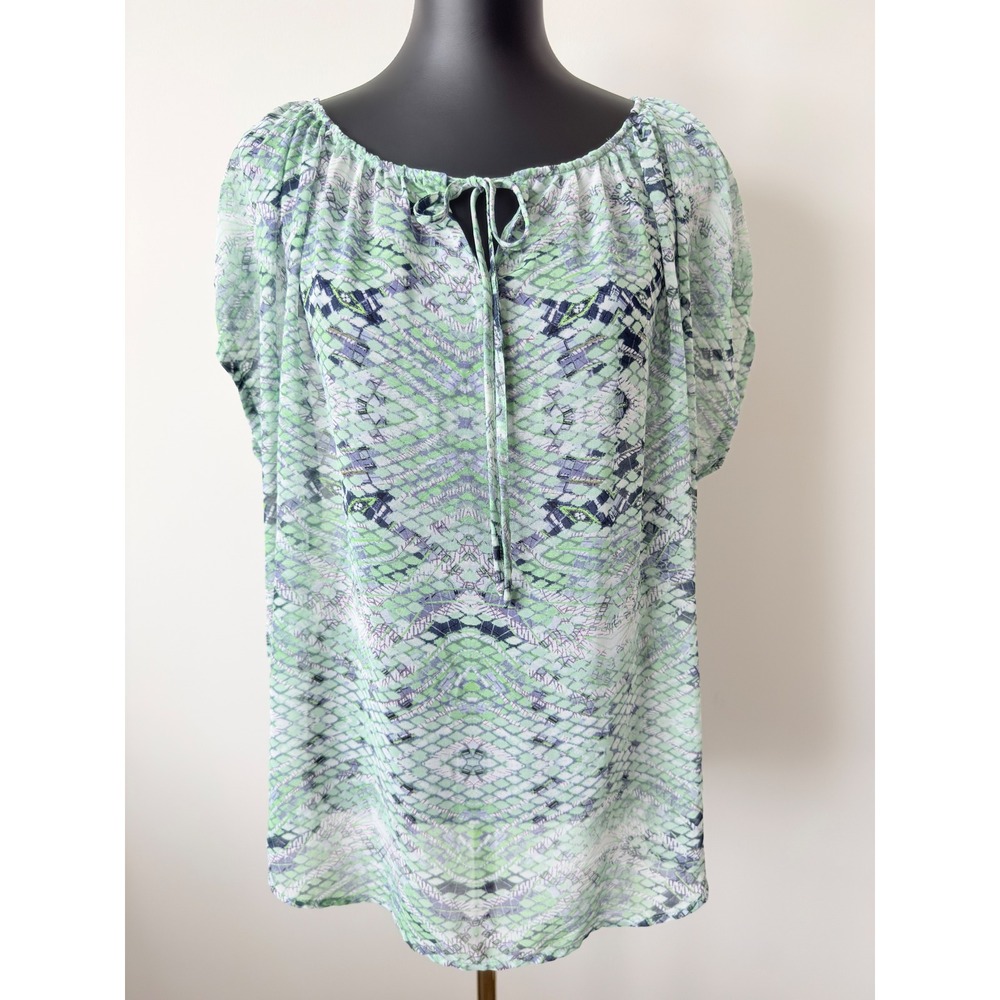 Cabi Women Large Green Navy Snakeskin Print Tie Neck Dolman Sleeve Blouse